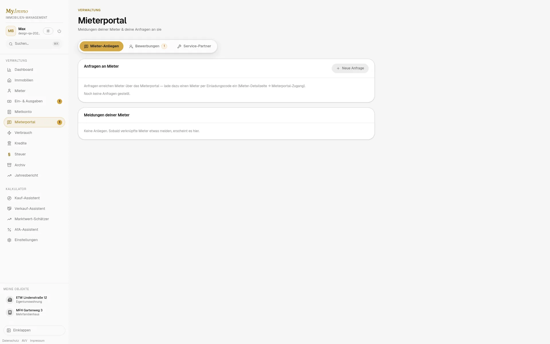 Mieterportal mit Schadensmeldungen und Zählerständen